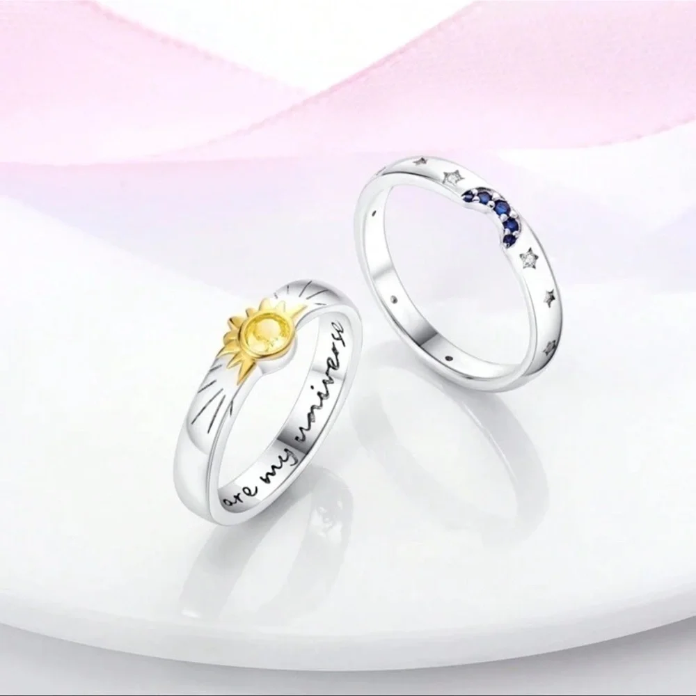 Sterling Silver Sun and CZ Moon 2pc Ring Set Size6 US